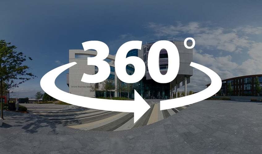 Outside shot of the Bristol Business School with a 360 degrees infographic overlay