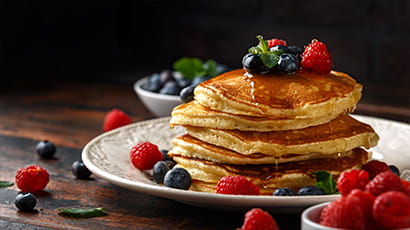 A tasty pancake dish with honey, blueberries and raspberries.