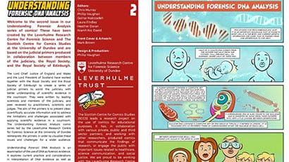 Image of a comic strip which explains the concepts of forensic science