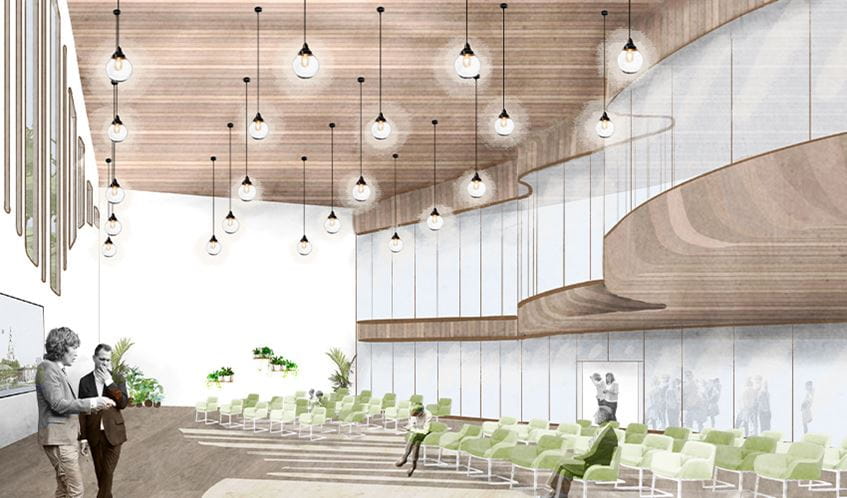 A design of a Climate Change Institute by UWE Bristol student Emily Annakin shows people in a community space at Bristol Harbourside
