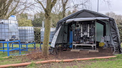 Water treatment system being tested on Frenchay Campus pond.