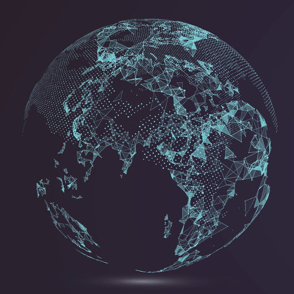 Illustration of a three-dimensional Earth in a soft blue colour against a black background.